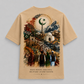 A beige short-sleeve t-shirt shown from the back, featuring a large, detailed multicolor graphic print on the back. The graphic depicts a mosque, a crescent and star, mountains, and figures, with the text 'MANY ROOTS.