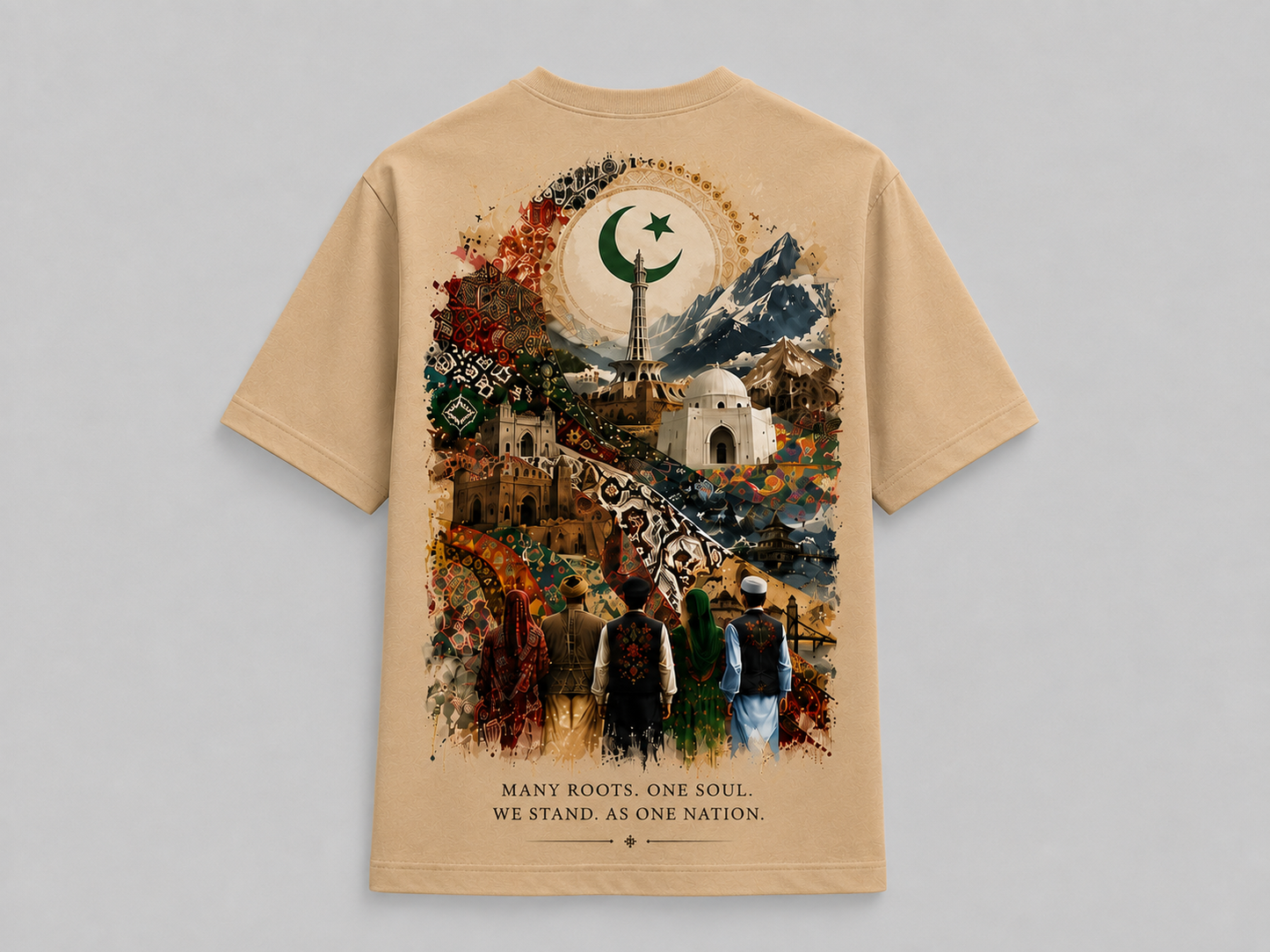 A beige short-sleeve t-shirt shown from the back, featuring a large, detailed multicolor graphic print on the back. The graphic depicts a mosque, a crescent and star, mountains, and figures, with the text 'MANY ROOTS.